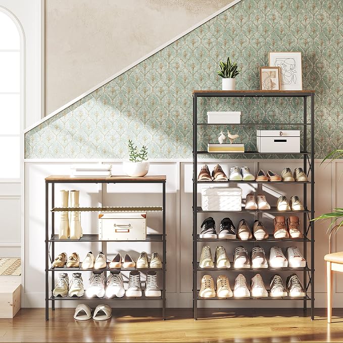 YATINEY 5-Tier Shoe Rack, Shoe Storage for Entryway and Closet, Free Standing Shoe Organizer with Metal Mesh Shelves, 16-20 Pairs of Shoes, Rustic Brown and Black SS05BR