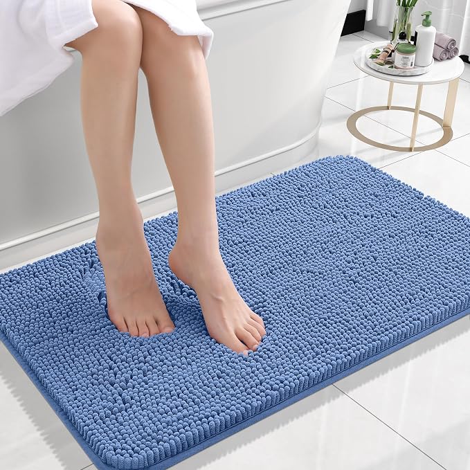 OLANLY Small Bathroom Rugs 24x16, Soft Absorbent Chenille Bath Rugs, Rubber Backing Quick Dry, Machine Washable Bath Mats for Bathroom Floor, Tub and Shower, Home Decor Accessories, Cornflower Blue