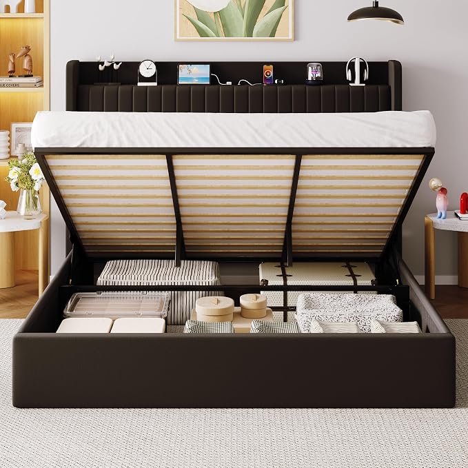 Allewie King Lift Up Storage Hydraulic Bed Frame,Charging Station,Black | Storage Shelf Headboard with Charging Station,Type-C,USB Ports,Hydraulic Support,Velvet Upholstered,No Box Spring Needed