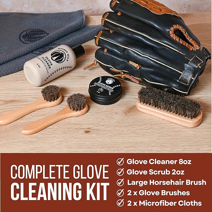 Rhino Wax Complete Baseball Glove Cleaning Kit: Cleaner, Scrub & Brushes | Deep clean baseball gloves with cleaner, glove scrub, brushes and cloths that remove dirt, grime and buildup from mitts.