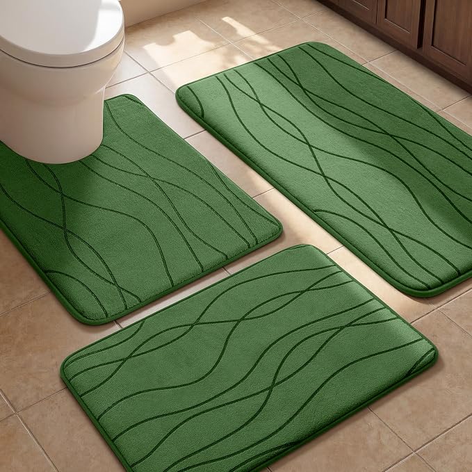 YIHOUSE Bathroom Rugs Set 3 Piece, Memory Foam Bath Mat Green | Ultra Soft, Absorbent, Non-Slip, Machine Washable, for Bathroom, Sink and Toilet