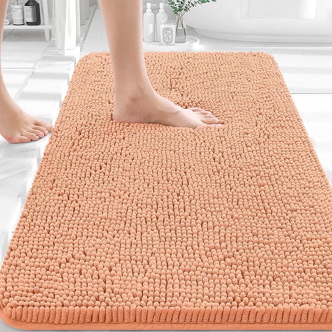 OLANLY Bathroom Rugs 32x20, Extra Soft Absorbent Chenille Bath Rugs, Rubber Backing Quick Dry, Machine Washable Bath Mats for Bathroom Floor, Tub and Shower, Home Decor Accessories, Peach
