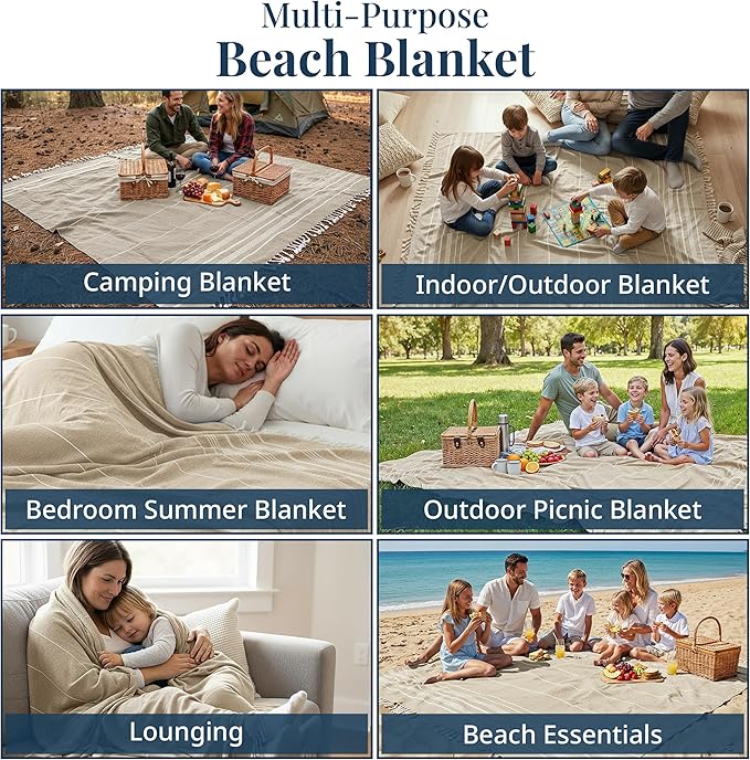 LANE LINEN Beach Blanket Sand Free, Quick Dry & Turkish Beach Towel - Beige | Extra Large Beach Blanket, 82"x82" - Seats A Family Of 4 With Room To Spare - Roomy Family Size, Soft, Packable, Portable