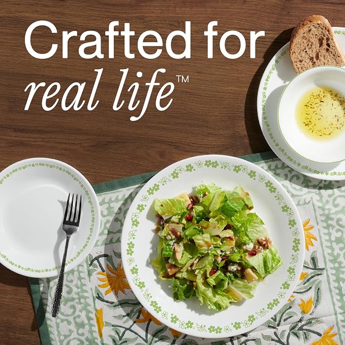 Corelle Vitrelle 18 Piece Glass Dinnerware Sets Service for 6, Triple Layer Chip & Crack Resistant Glass Plate and Bowl Sets, Spring Blossom Green