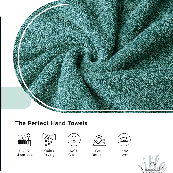Villa Celestia Cotton Washcloths Set of 12, 12x12 Inch, 100% Ring-Spun Combed Cotton, Soft Absorbent Quick-Dry Wash Cloths for Face and Body, Oeko-TEX Certified, Hotel & Spa Quality, Teal