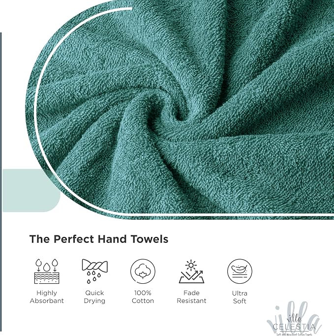 Villa Celestia 24-Piece 100% Cotton Towel Set, 6 Bath Towels, 6 Hand Towels, 12 Wash Cloth, Quick-Dry, Teal