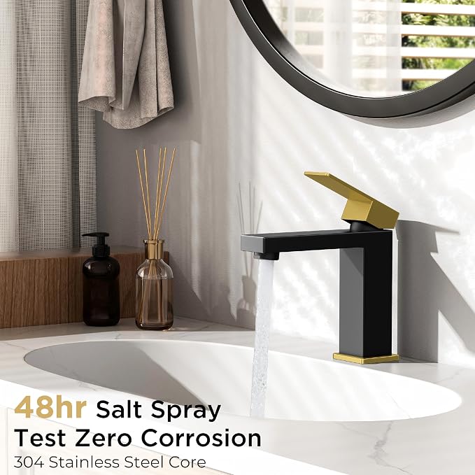 FORIOUS Single Handle Bathroom Faucets Black and Gold, 1or 3 Hole Bathroom Sink Faucet with Pop-up Drain