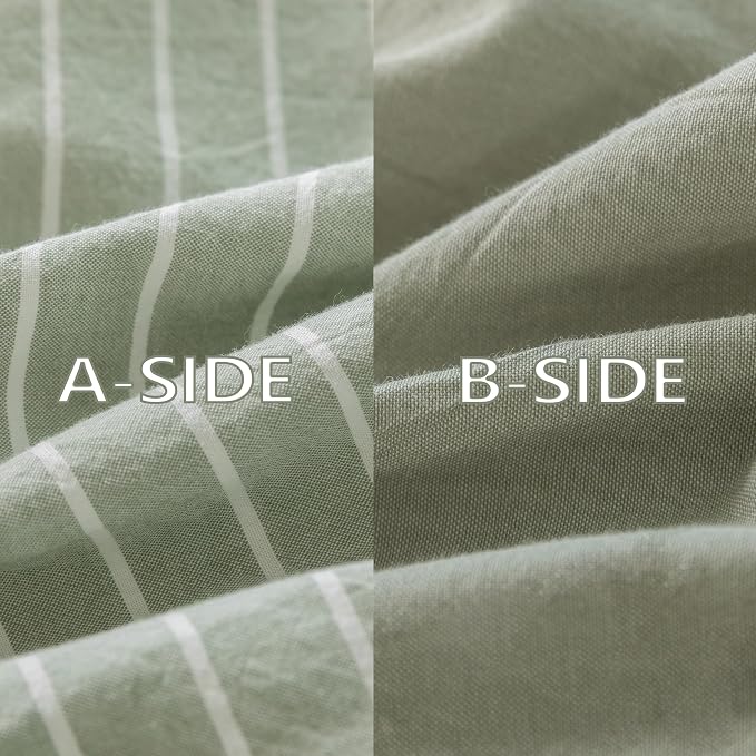 Reversible Duvet Cover Set 100% Washed Cotton Green Stripe Linen Feel Duvet Cover Queen Size with Zipper Closure & 2 Pillow Shams,Celadon Green/White Stripe Reverse Solid Celadon Green