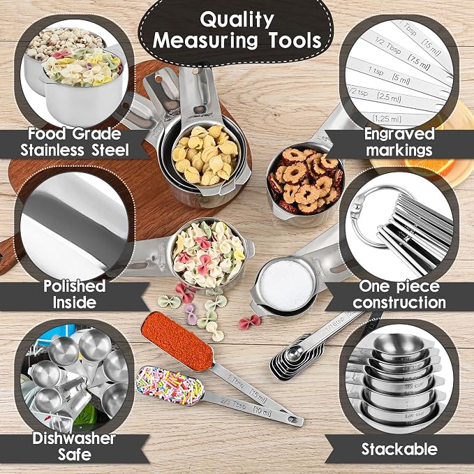 Stainless Steel Measuring Cups and Spoons Set, 18/8 (304) Measuring Cups Spoons, Heavy Duty 7 Measuring cups and 9 Measuring Spoons 1 Leveler for Baking and Kitchen