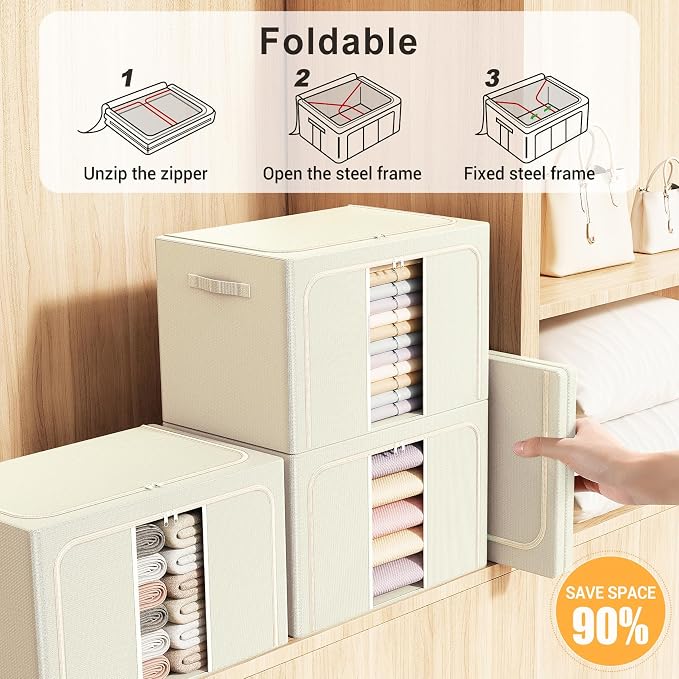 Clothes Storage Bins with Metal Frame, Foldable Clothes Organizers Storage Containers for Clothes, Sheets, Blankets, Pillows and Towels (24L, 3 Pack) Beige