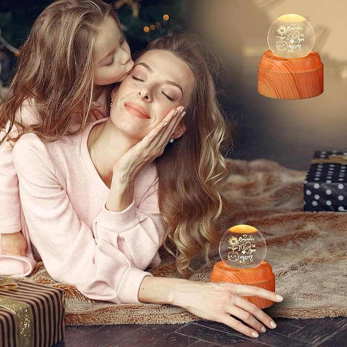 ZHSHWAT Gifts for Mom-Engraved Crystal Ball Night Light with Faux Wood Rotating Base - I Love You Mom Sunflower Design, USB-Powered Decor, Christmas Birthday Gifts for Mother from Daughter Son