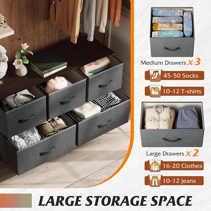 WLIVE Wide Dresser for Bedroom, 5 Drawer Chest of Drawers, Dark Grey | 5 roomy fabric drawers, Wide storage design, Bedroom or closet use, Sturdy steel frame, Smooth wood tabletop