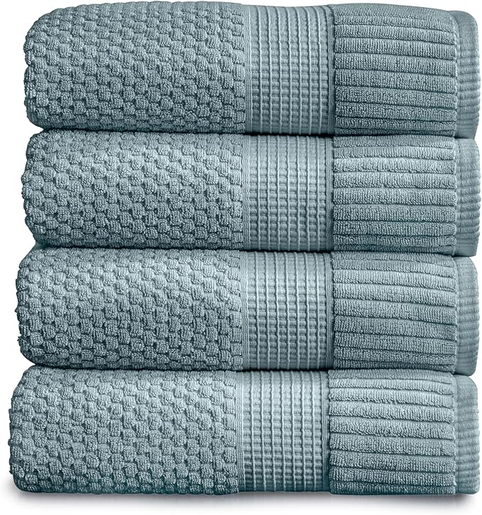 NY Loft 100% Cotton Bath Towel 4 Pack | Super Soft & Absorbent Quick-Dry Bath Towels 30" x 52" | Textured and Durable Cotton | Premium Thick Towels | 4 Pack Bath Towel - Stormy Sea