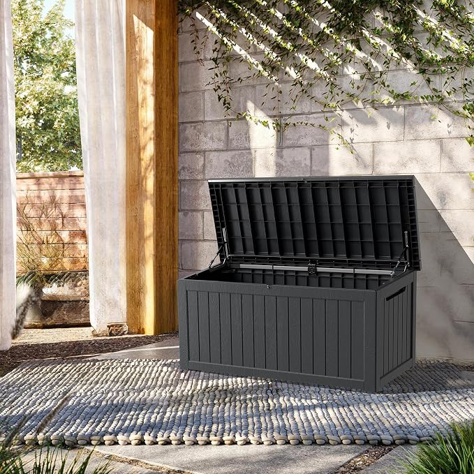 TARKARI 200 Gallon Lockable Resin Deck Box, Waterproof & UV-Resistant Outdoor Storage Box for Outdoor Cushion Storage, Garden Tools & Pool Accessories Storage, Black