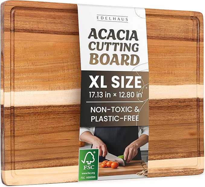 Extra Large Acacia Wood Cutting Board 17x13, Juice Groove | FSC-certified wooden chopping board; knife-friendly, large kitchen boards for meat, cheese, charcuterie & serving