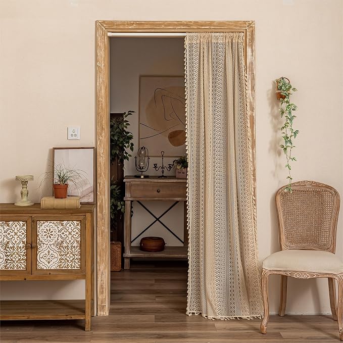 Sutuo Home Boho Doorway Curtains for Closet Patio, Lace Sheer Door Curtains for Doorway Crochet Vintage Chic Tassels Bohemian Temporary Room Divider Privacy Rustic Geometry Rod Pocket, 37" x 80" Beige