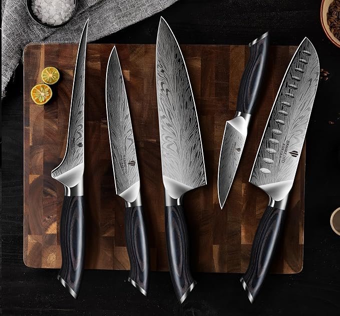 5PCS Knife Set, Kitchen Knife Sets in Powder Steel | Ultra Sharp Japanese Knives Set High Carbon Steel Chef Knives Sets, Cooking Knives Set with Ergonomic Pakkawood Handle