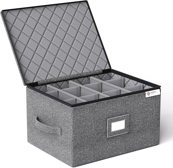 Wine Glass Storage Box with Dividers,Hard Shell and Stackable Stemware Storage Containers with Sturdy Handle for Glassware Crystal Storage and Transport,Grey,Holds 12