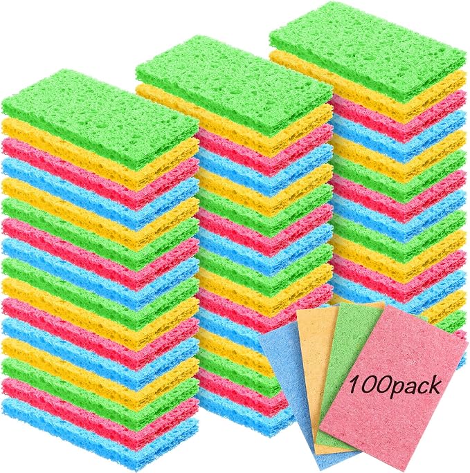 Zhengmy 100 Pieces Sponges Bulk Sponges Kitchen Compressed Sponge Natural Dish Sponge Compressed Wood Pulp Cleaning Without Scratching for Kitchen Bathroom, 3.9 x 2.4 x 0.12 Inch (Multicolor)