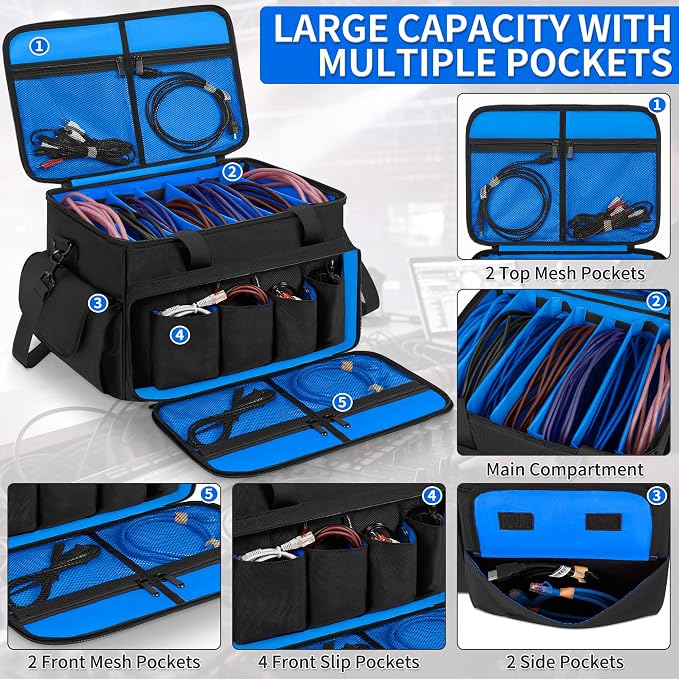 IBVIVIC Cable File Bag With Adjustable Dividers Dj Gig Bag for Cables, Cords,DJ Gear,Sound Instrument and Accessories 16L x 11W x 12H inch, Blue