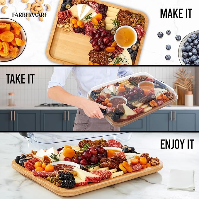 FAREBERWARE Build-A-Board Bamboo Cutting Board with Single Storage Compartment, Clear Locking Lid, Black Handles, Perfect for Charcuterie & Snacks, Pack of 2