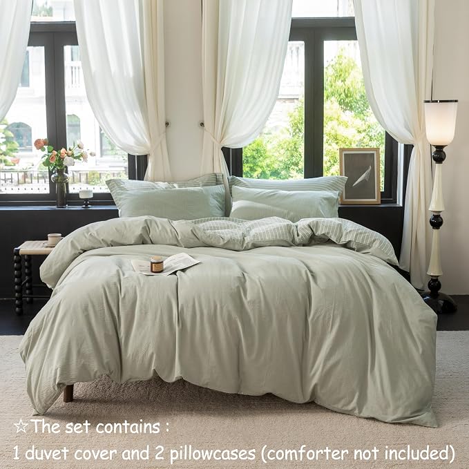 Reversible Duvet Cover Set 100% Washed Cotton Green Stripe Linen Feel Duvet Cover Queen Size with Zipper Closure & 2 Pillow Shams,Celadon Green/White Stripe Reverse Solid Celadon Green