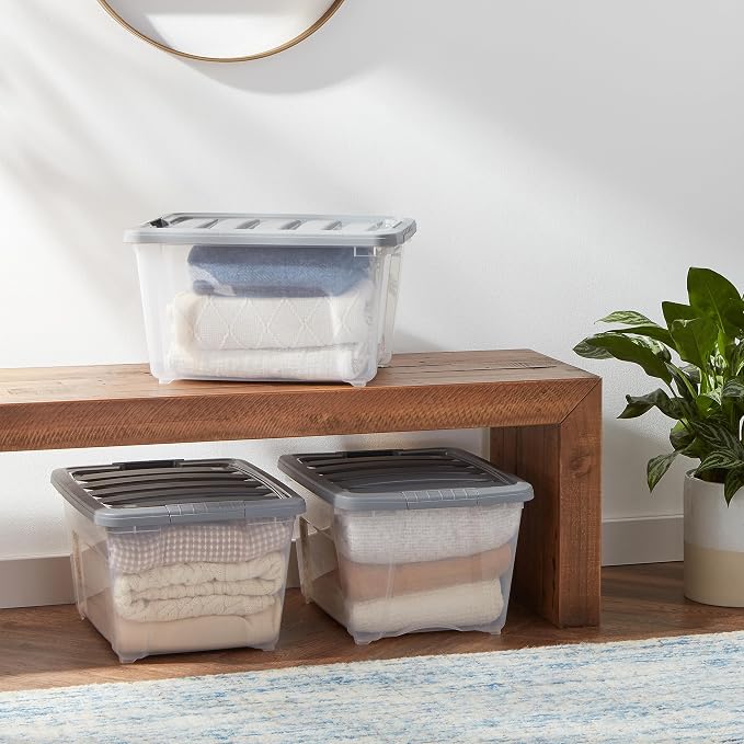 Amazon Basics Plastic Storage Containers with Secure Latching Lids, Stackable Organization Bins, Clear/Grey, 32 Quart, Set of 6