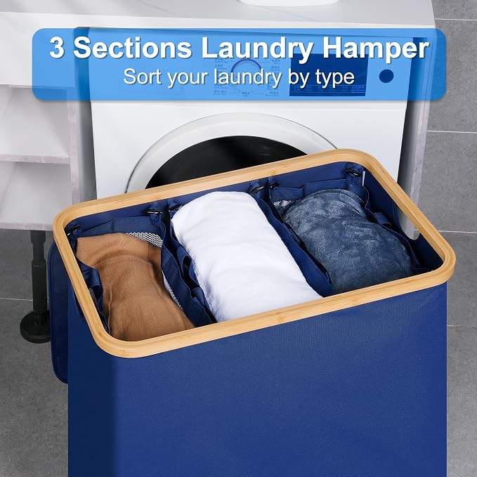efluky Laundry Hamper with Lid, Trio Laundry Basket with 2 Removable Bags, 3 Section Laundry Bin with Bamboo Handles for Bathroom, Bedroom & Laundry Room, 160L (42.3 Gallon) Blue