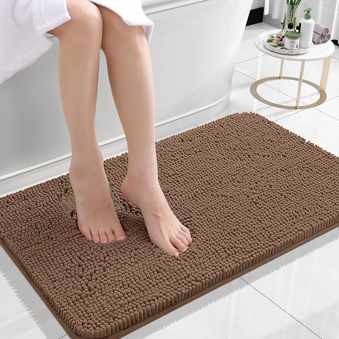 OLANLY Small Bathroom Rugs 24x16, Extra Soft Absorbent Chenille Bath Rugs, Rubber Backing Quick Dry, Machine Washable Bath Mats for Bathroom Floor, Tub and Shower, Home Decor Accessories, Mocha