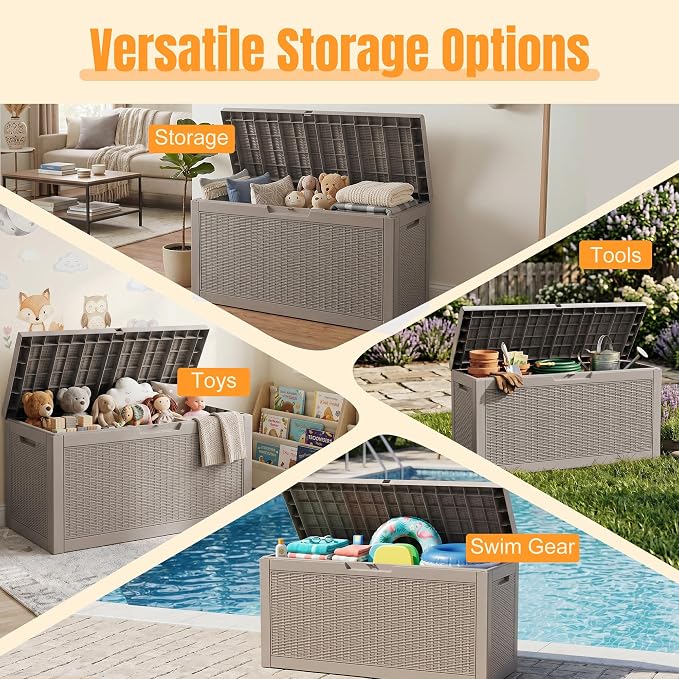 Outdoor Storage Box,98 Gallon Waterproof Resin Patio Deck Box | UV Resistant Lockable Package Delivery Bin, Toy Cabinet, Shoe & Garden Tools Storage, Ottoman, Indoor/Outdoor