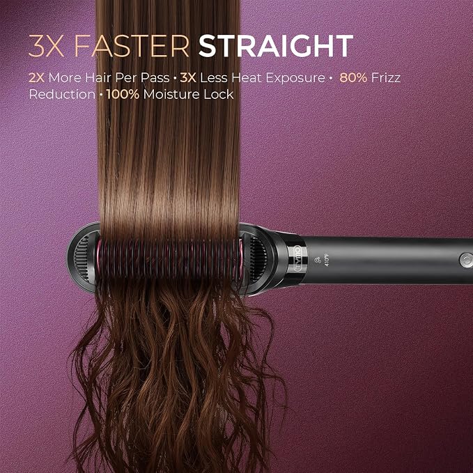 TYMO Flat Iron Hair Straightener Brush 2 in 1, 200M Ions Hair Straighteners for Women, Ceramic Straightening Hot Comb for Anti-Frizz Straights, Waves, Curl, 3X Less Heat Damage, Dual Voltage,Rose Gold