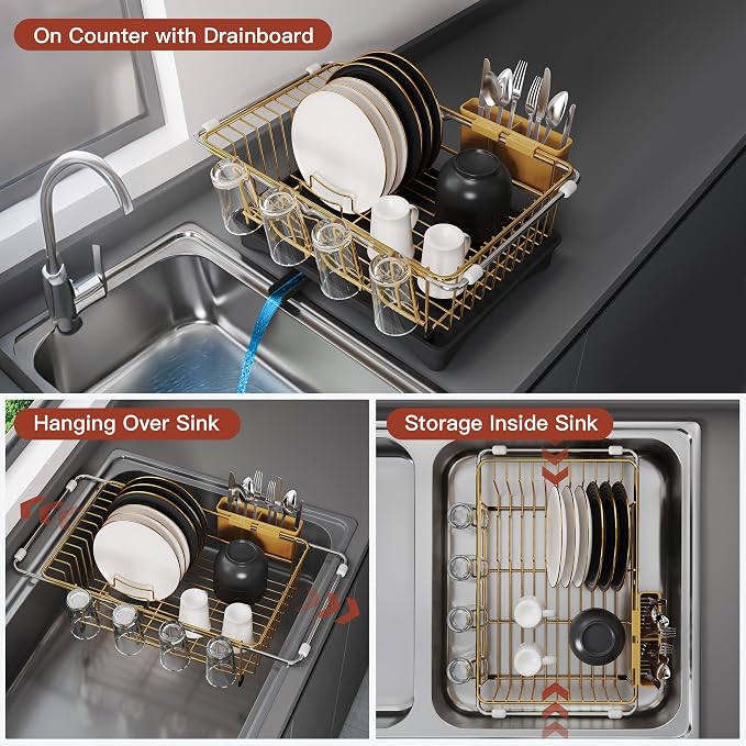 JASIWAY Gold Dish Drying Rack in Sink with Drainboard and Utensil Holder | Use Over the Sink or Counter, Stainless Steel Expandable Dish Drainer for Small Kitchen, Space Saving, Fast Drain, Rustproof