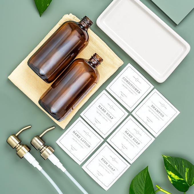 Vine Creations Amber Glass Soap Dispenser, 2 Pack Kitchen Soap Dispenser Set with Ceramic Tray, Stainless Steel Pump, Dish Soap and Hand Soap Dispensers for Bathroom Decor with Waterproof Labels