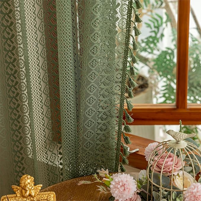 Sutuo Home Boho Lace Sheer Curtains 2 Panels for Bedroom Home Office, French Country Privacy Vintage Chic Drape Tassels Cottage Rustic Geometry Rod Pocket Christmas Decor, 50" x 108" Olive Green