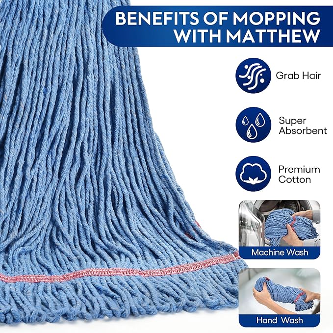 Matthew Cleaning 24oz Heavy Duty Mop Head Commercial Replacement for General and Floor Cleaning , Wet Industrial Blue Cotton Looped End String Head Refill (Case of 12) Blue