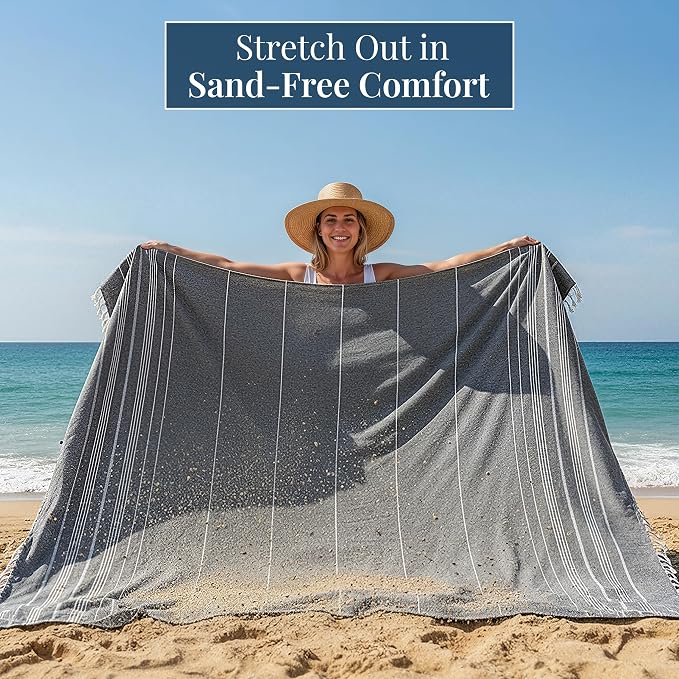 LANE LINEN Beach Blanket Sand Free, Cotton & Big Beach Towel - Smokey Black