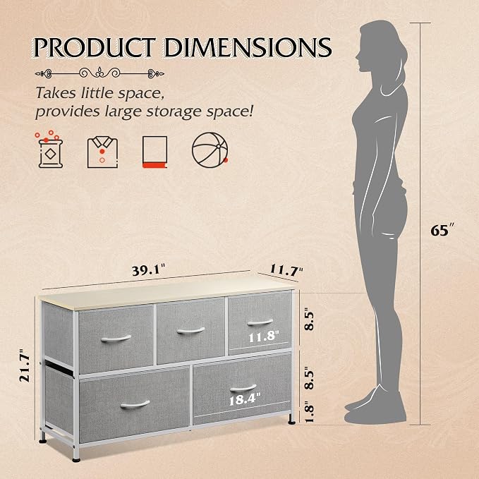 WLIVE Wide Dresser for Bedroom, 5 Drawer Chest of Drawers, Light Grey | 5 roomy fabric drawers, Wide storage design, Bedroom or closet use, Sturdy steel frame, Smooth wood tabletop