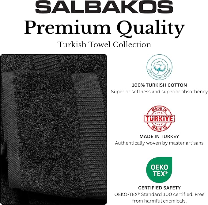 SALBAKOS 100% Turkish Cotton Bathroom Towel Set of 6-Piece, Black | 630 Gsm Thick Super Soft Highly Absorbent 2 Bath + 2 Hand + 2 Washcloth Towels Sets, Giftable, Hotel Quality, Made in Turkey