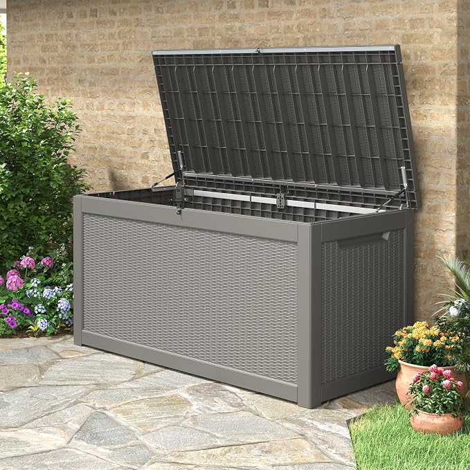 330 Gallon Outdoor Storage Box, Resin Large Deck Box Outdoor Waterproof Storage Bench with Lockable Lid for Patio Cushions, Garden Tools, Package Delivery, Pool Supplies, Grey