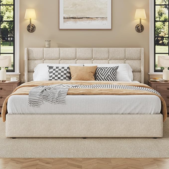 HISOFT King Size Lift Up Storage Bed Frame, Linen Upholstered Platform Bed with Wingback Headboard, Heavy Duty Hydraulic Gas Lift Underbed Space, Reinforced Full Metal Slats, Noise Free, Beige