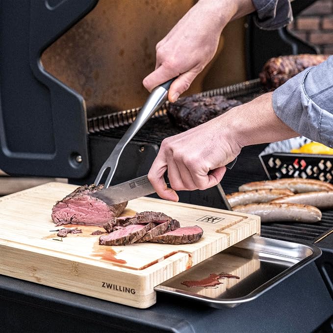 ZWILLING BBQ+ Cutting Board with Stainless Steel Tray, Bamboo Wood, 15.5-inch x 12-inch