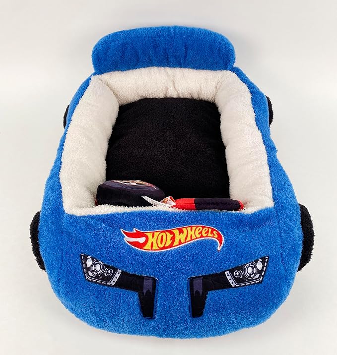 Megatoys Hot Wheels Plush Car Pet Bed – Themed Blue Car Design for Dogs and Cats with Toy Steering Wheel and Tire