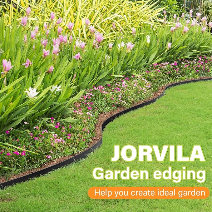 Jorvila No Dig Landscape Edging Kit, 1.5" x 80' Plastic Garden Edging | 100 Pcs Metal Spikes, Plastic Material, Flexible Garden Border, Suitable for Lawn, Yard, Landscaping, Flower Beds