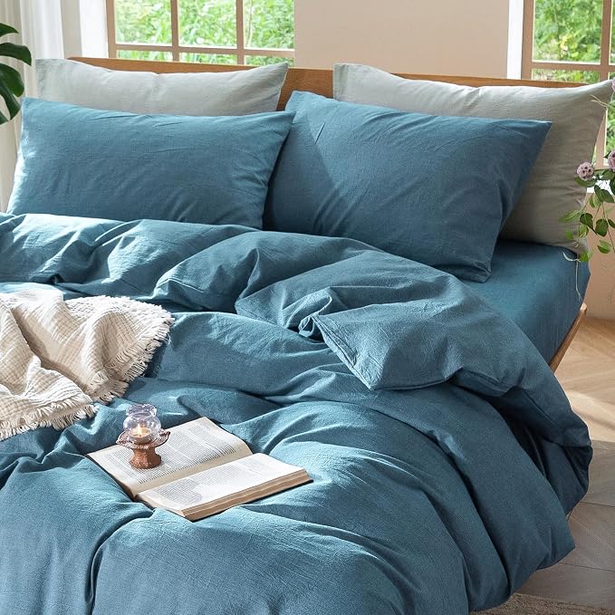 MooMee Duvet Cover Set 100% Washed Cotton Linen Like Full | Relaxed Linen-like Texture. Soft, Breathable & Long-lasting Comfort. Lightweight. Hidden Zipper with 8 Interior Corner Ties