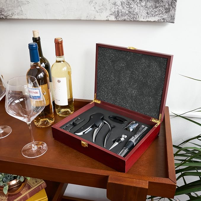 True Wine Tools Set with Cherry Stained Wooden Gift Box, Includes Lever Corkscrew, Foil Cutter, Aerator Pourer, 2 Worms, Chrome Bottle and Champagne Stopper, Home Bar Accessories, 7 Piece