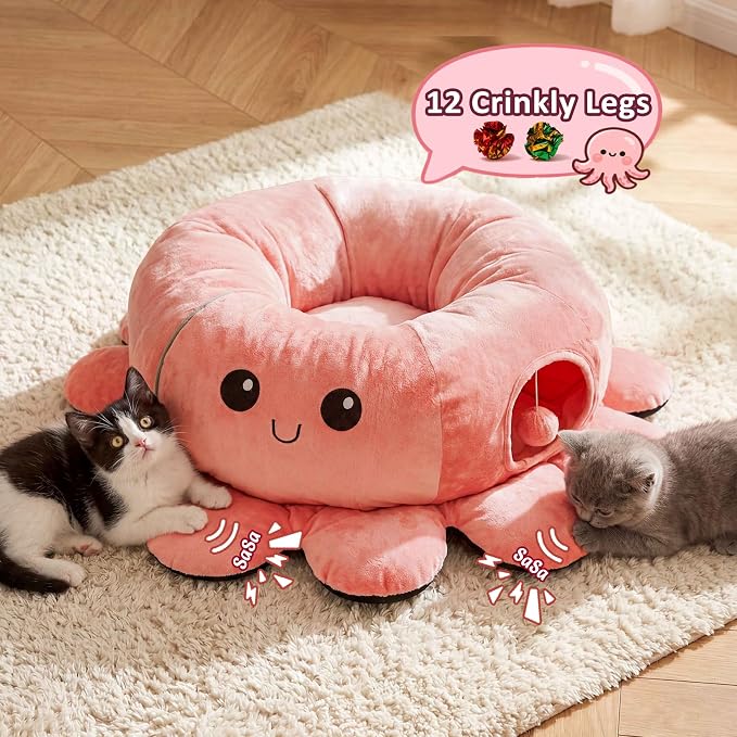 Cat Tunnel Bed with 20 Cat Toys, Collapsible Play Tunnel for Indoor Cats, Kitten Toys for Indoor Kittens, Octopus Shaped