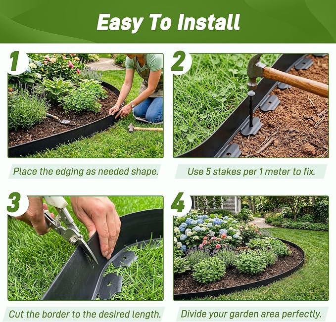 Quibbay 4.72 Inch x 50FT Landscape Edging Border with 75 Stakes, No Dig Garden Edging Border Kit, Flexible Plastic Lawn Edging for Landscaping Garden Flower Beds Yard Paver Pathway,Black