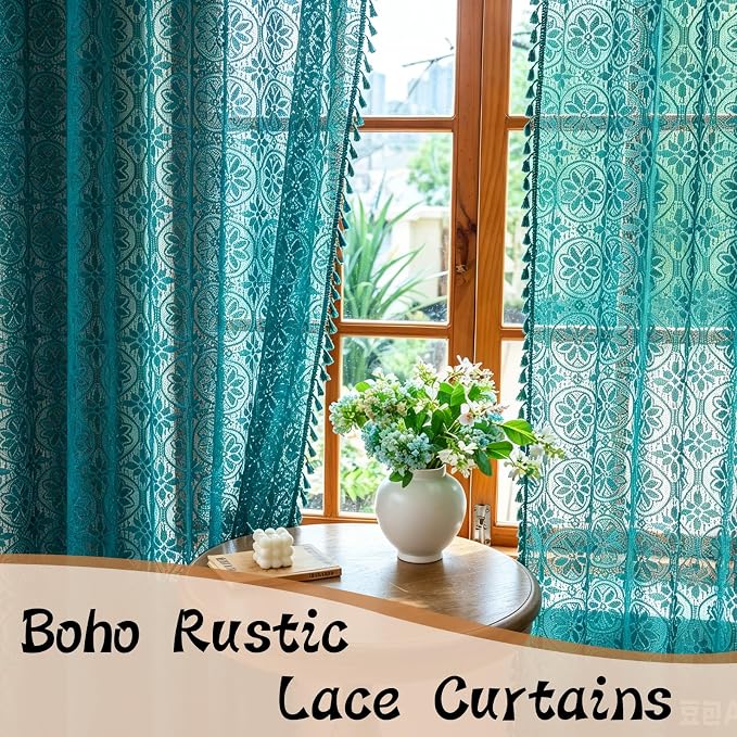 Sutuo Home Teal Sheer Lace Boho Curtains 84 inches Long 2 Panel for Bedroom | Victorian Privacy Cottagecore Vintage Tassels Light Filtering Floral Window Curtains Drape Christmas Decor Rod Pocket,50" W