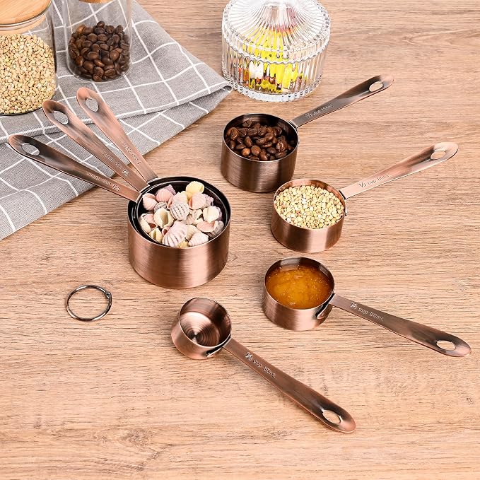 Copper Measuring Cups and Spoons Set 16, Dry&Liquid Stainless Steel Measuring Cups and Spoons, 7 Metric&US Measing Cups & 6 Measuring Spoons & Measure Equivalents for Kitchen&Baking