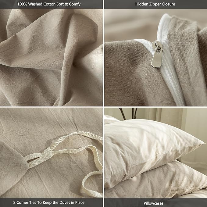 MooMee Duvet Cover Set 100% Washed Cotton Linen Like Queen | Relaxed Linen-like Texture. Soft, Breathable & Long-lasting Comfort. Lightweight. Hidden Zipper with 8 Interior Corner Ties